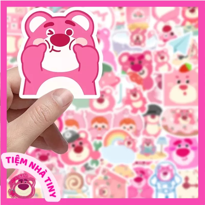 Set 50 sticker gấu dâu losto chống thấm nước - Combo 50 hình dán gấu hồng lotso trang trí mũ bảo hiểm điện thoại laptop
