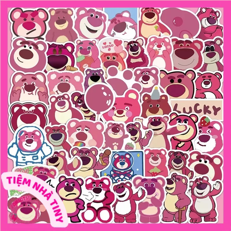 Set 50 sticker gấu dâu losto chống thấm nước - Combo 50 hình dán gấu hồng lotso trang trí mũ bảo hiểm điện thoại laptop