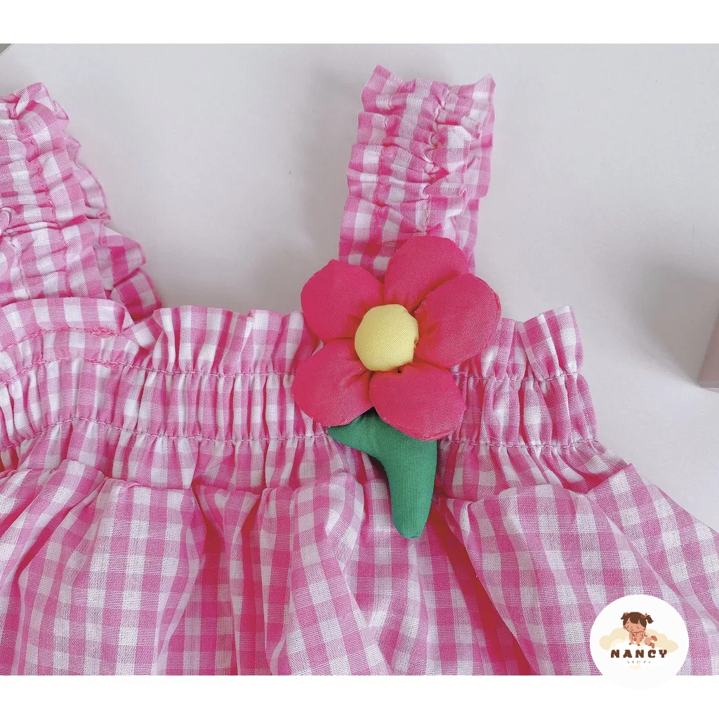 Đồ sơ sinh bé gái, váy bé gái mùa hè 0-12 tháng màu hồng họa tiết kẻ caro đính hoa cho bé gái từ 5-13kg - NANCY STORE