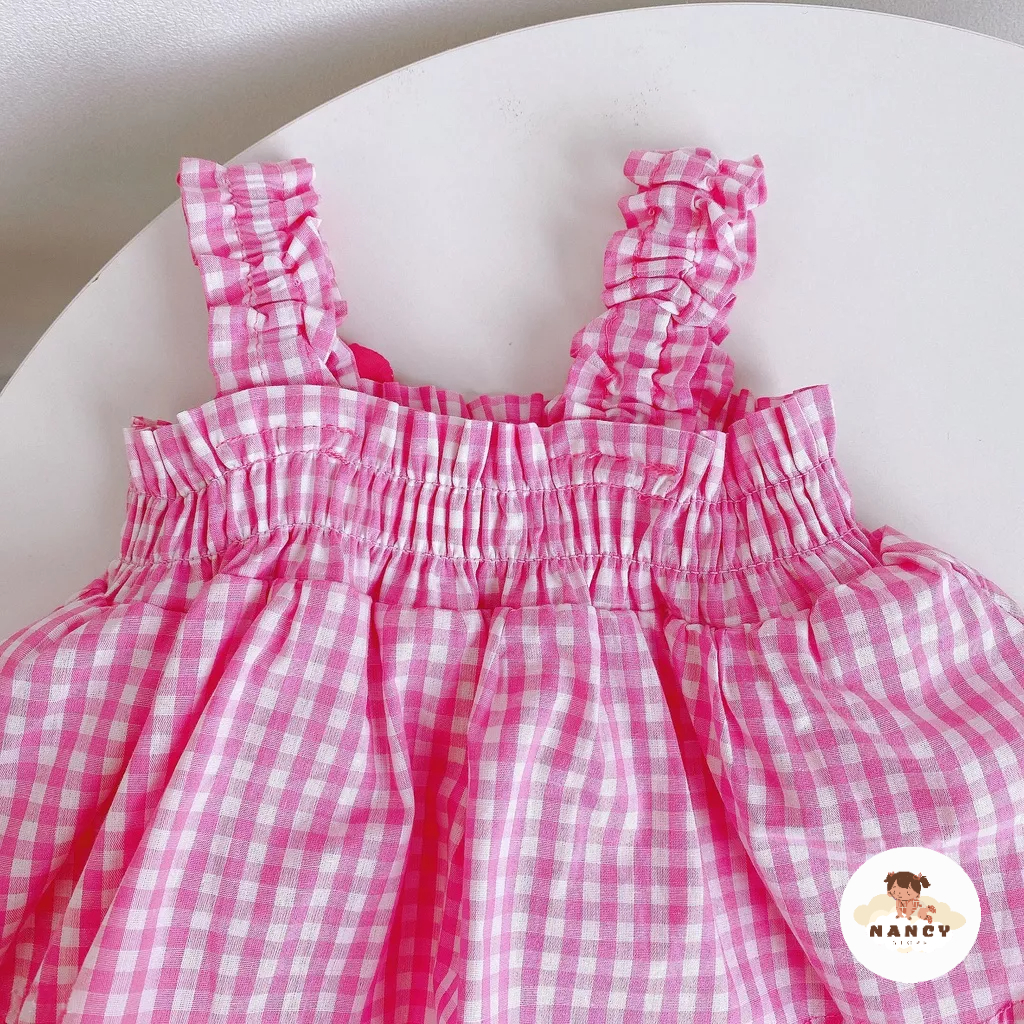 Đồ sơ sinh bé gái, váy bé gái mùa hè 0-12 tháng màu hồng họa tiết kẻ caro đính hoa cho bé gái từ 5-13kg - NANCY STORE