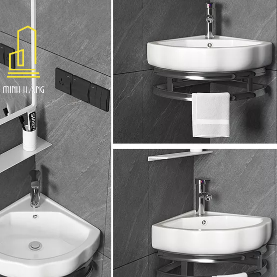 Lavabo góc treo tường có giá đỡ inox