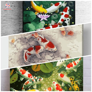 Tranh tô màu theo số tranh số hóa 40x50cm Cá, cửu ngư hội tụ, cửu ngư quần hội, đã căng khung hàng có sẵn