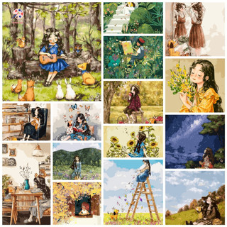 Tranh tô màu theo số tranh số hóa 40x50 cm hình cô gái chibi đã căng khung hàng có sẵn