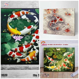 Tranh tô màu theo số tranh số hóa 40x50 cm chủ đề Cá, Cửu ngư quần hội, cửu ngư hội tụ, đã căng khung hàng có sẵn