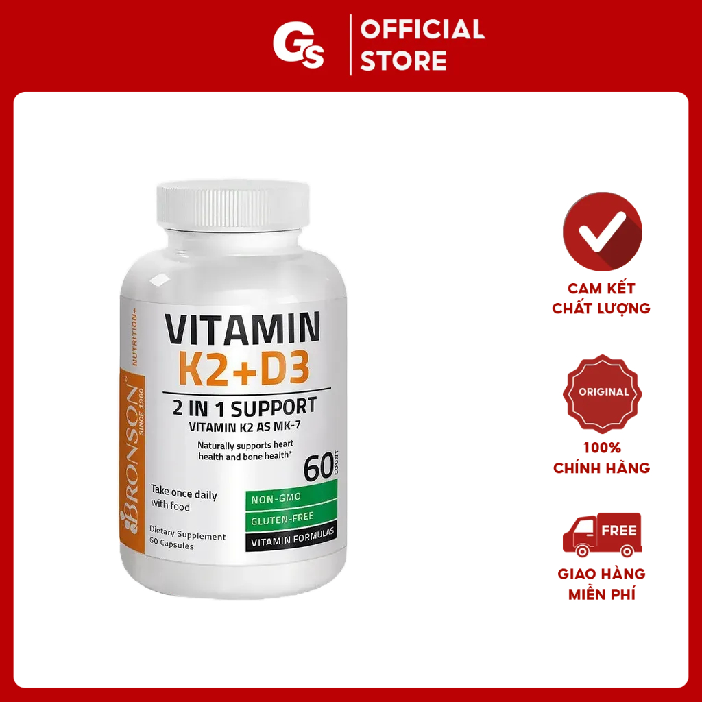 Bảo vệ xương khớp Bronson Vitamin D3 + K2 (5000IU D3 &amp; 120mcg K2) nhập khẩu Mỹ tăng sức đề kháng, hiệu quả luyện tập