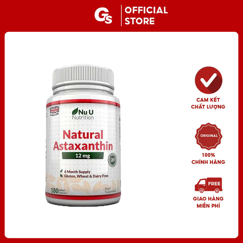 Viên uống Nu U Astaxanthin 12mg (180 viên) nhập khẩu Anh - Gymstore chống lão hóa da, siêu hoạt chất chống oxi hóa tốt
