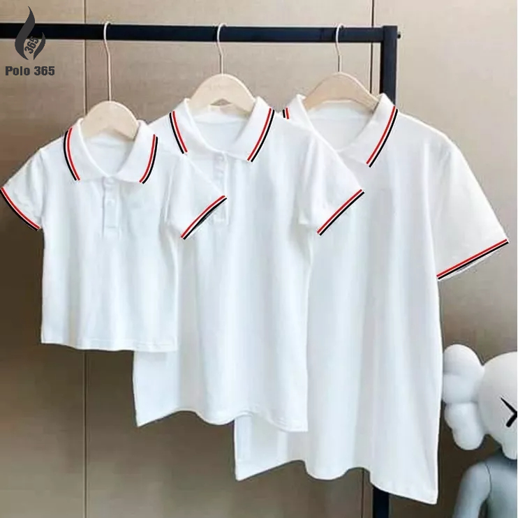 Áo thun polo đồng phục, áo Gia đình trắng 2 sọc các màu - Chất liệu cá sấu poly 4c
