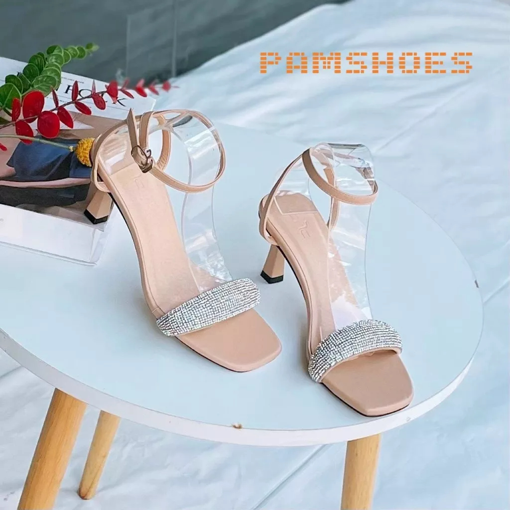 Giày Sandal Cao Gót PAM Giày Việt - Chất Lượng Việt Mũi Vuông Quai Ngang Đính Đá Cao Cấp 7cm - SDCGT121 - Size 35-39