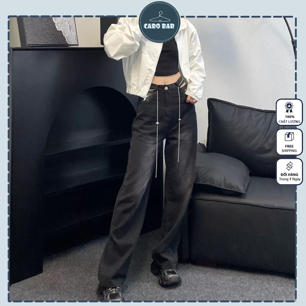 Quần denim hở eo ống xuông hách dáng che đùi to phong cách Hàn Quốc