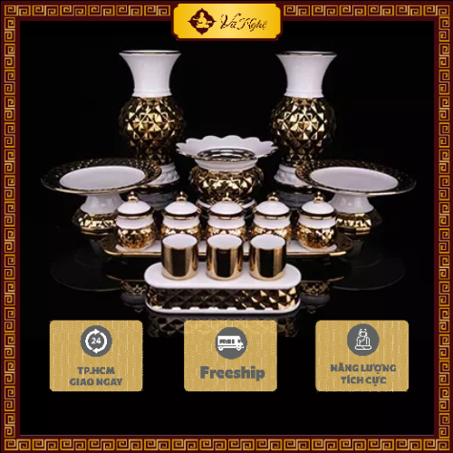 Set đồ thờ cúng, bộ thờ cúng, lư hương cắm nhang Chạm Vân vàng kim, bằng sứ cao cấp, vật phẩm phong thủy (có bán lẻ)
