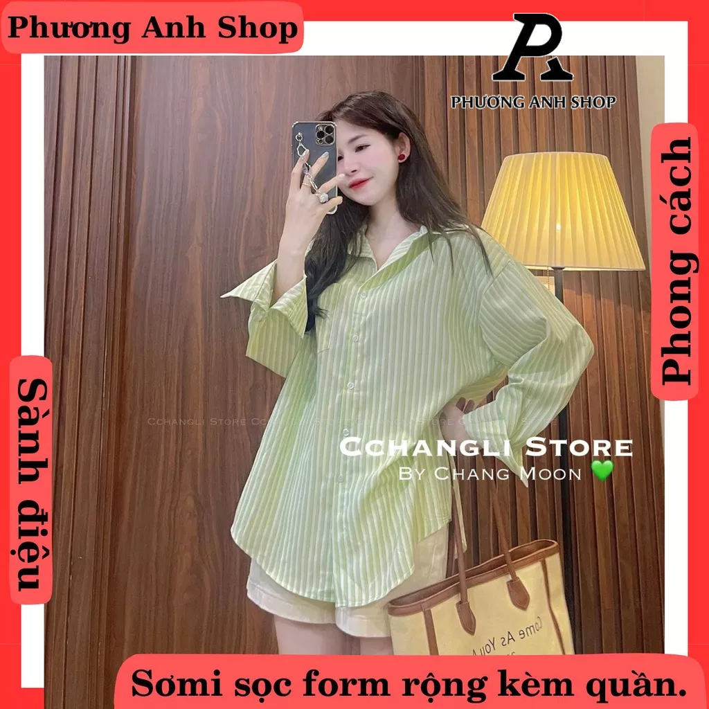 Set sơ mi sọc form rộng giấu quần hàng QCCC phong cách hàn quốc, phuonganh18.