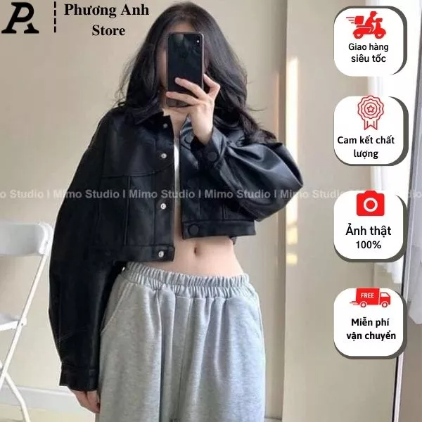 Áo khoác da croptop basic, áo khoác da nữ phong cách cá tính trẻ trung năng động mặc đi chơi đi học đi làm.