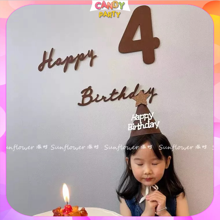 Set Trang Trí sinh nhật cho bé phong cách Hàn Quốc Tone màu Nâu Chất liệu dạ đẹp cho bé CANDY05