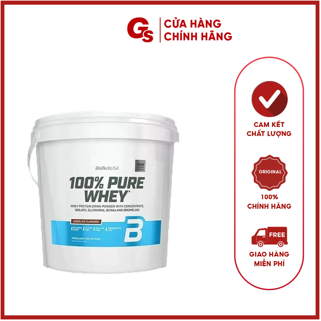 Sữa tăng cơ bắp BioTech USA 100% Pure Whey (4000g, 142 Servings) nhập khẩu Mỹ giảm đau nhức, cung cấp dinh dưỡng