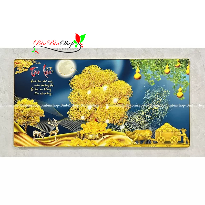 Tranh treo tường tráng gương cây kim tiền vàng tài lộc tặng kèm đinh 3 chân