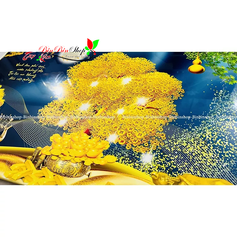 Tranh treo tường tráng gương cây kim tiền vàng tài lộc tặng kèm đinh 3 chân