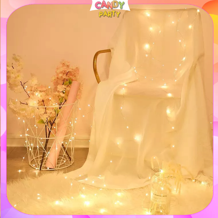 Dây đèn led đom đóm nhấp nháy màu vàng nắng có 3 chế độ nháy dùng pin trang trí decor