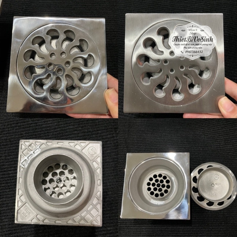 Phễu thoát sàn chống hôi inox304 mờ,bóng phễu thoát nước, phễu thu sàn, mặt 12x12cm phi 90, đúc nguyên khối
