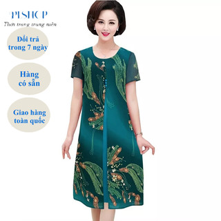 Đầm Trung Niên Sang Trọng, Mẫu Váy Trung Niên Cho Mẹ Đi Tiệc Kiểu Dáng Xẻ Tà Cách Tân, Họa Tiết Đuôi Công Trẻ Trung
