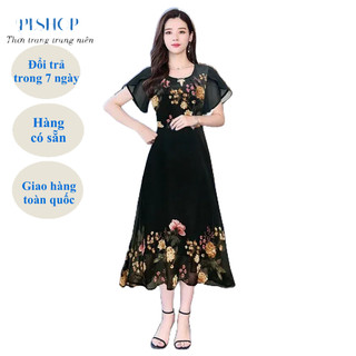 Đầm Trung Niên Nữ Sang Trọng, Váy Trung Niên Dự Tiệc Cho Mẹ, Đầm  Dáng Xòe In Hoa Trẻ Trung