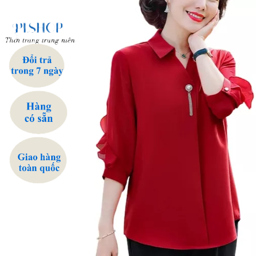 ÁO SƠ MI TRUNG NIÊN TAY LỠ 2 MÀU XANH+ĐỎ THANH LỊCH KÈM PHỤ KIỆN , CÓ BIG SIZE