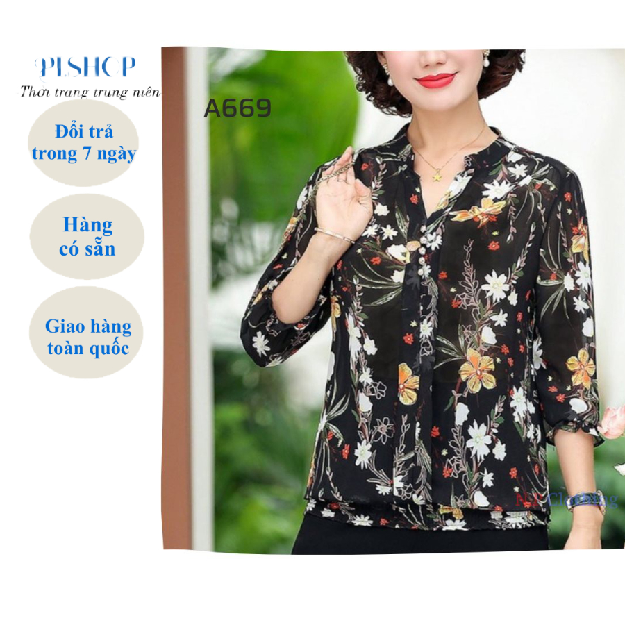 Áo Kiểu Trung Niên Phối Họa Tiết Sang Trọng Đi Tiệc Trẻ Trung Thời Trang Cho Mẹ U50-80 ❣️Có Big Size❣️
