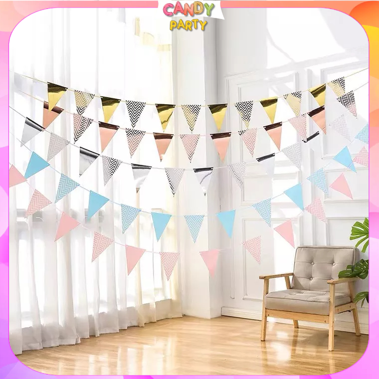 Dây cờ tam giác ép kim, Dây cờ tam giác bằng giấy trang trí sinh nhật sự kiện nhiều họa tiết
