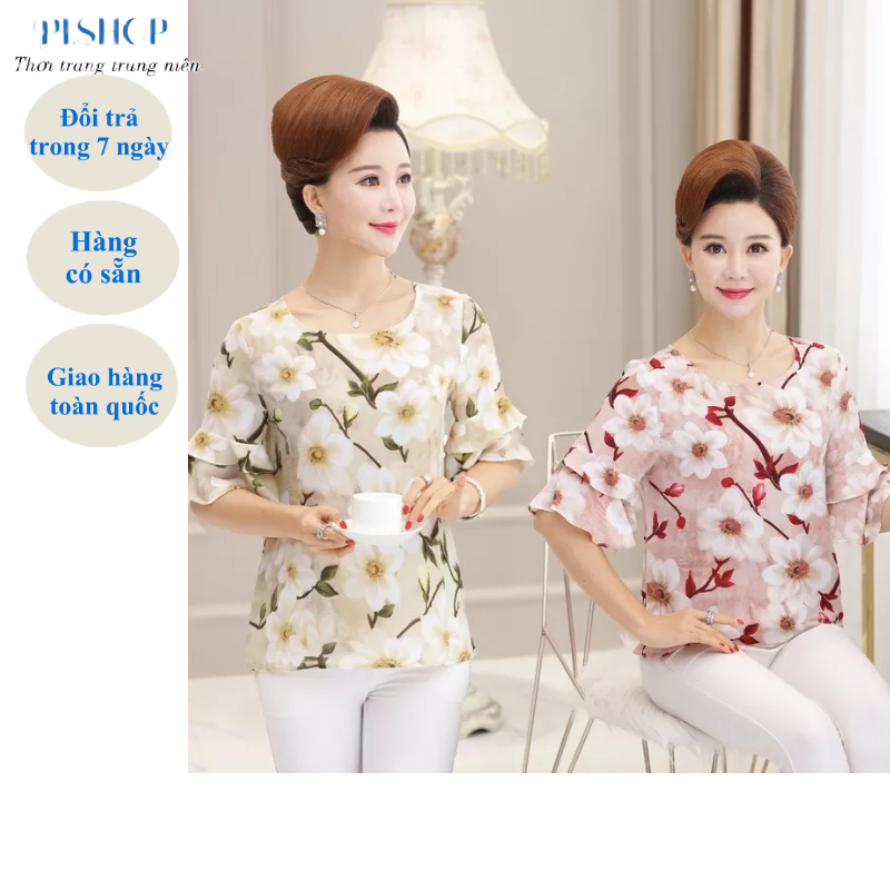 Áo Kiểu Nữ Trung Niên, Mẫu Áo Cho Mẹ Trung Niên In Hoa Cổ Tròn Sang Trọng , Trẻ Trung Thoải Mái