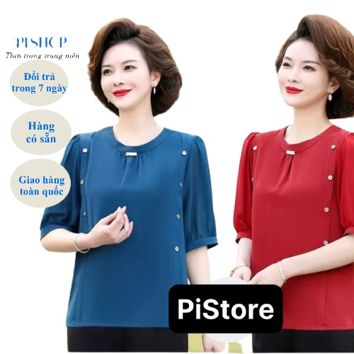 ❣️Có Big Size❣️ Áo Kiểu Trung Niên U40+ , Mẫu Áo Trẻ Trung Cho Mẹ, Lụa Mango Cổ Tròn Tay Lỡ Đính Nút Trang Nhã