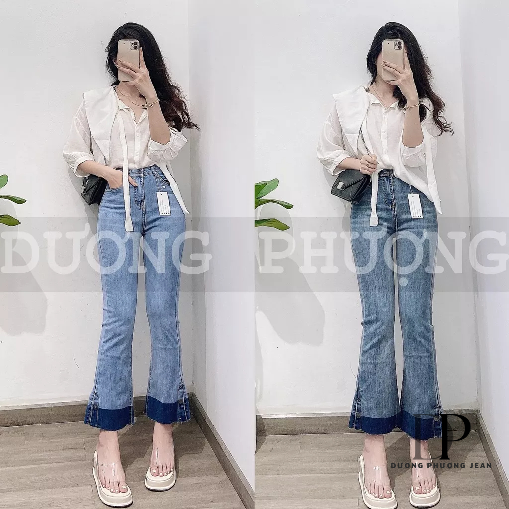 Quần jean nữ ống loe lưng cao form 9 tấc, quần bò lửng ống bass phối màu chất liệu jean co giãn - QU087