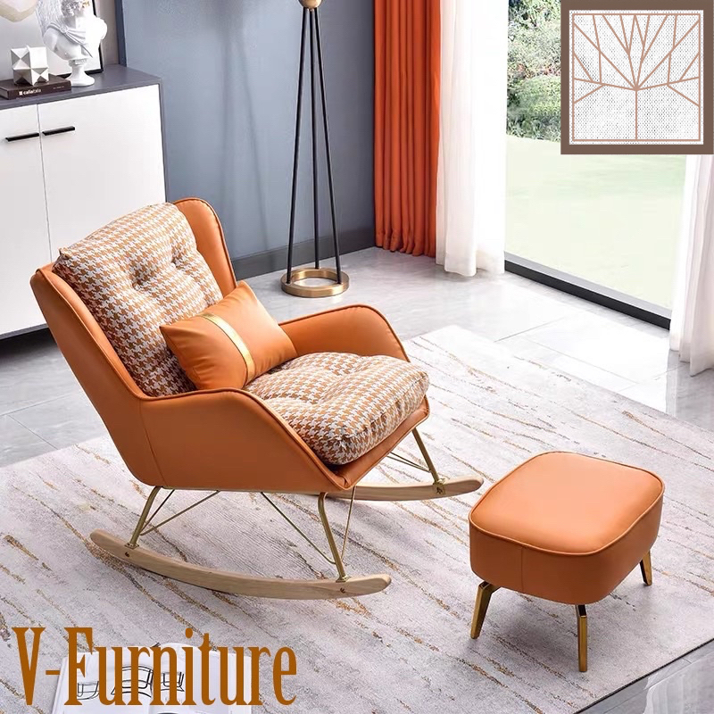 Ghế bập bênh thư giãn có tựa để tay đọc sách tặng kèm đôn gác chân bọc da, vải cao cấp, tiện lợi G-02 ( Hàng nhập khẩu )