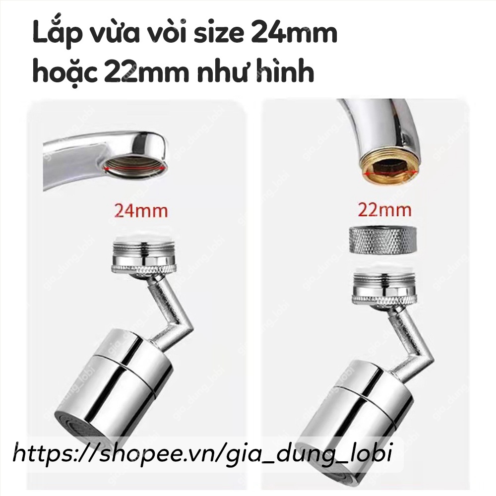 Đầu nối vòi nước phi 24/22mm Đầu vòi rửa bát xoay 720 độ thông minh gắn chậu lavabo bồn rửa mặt bồn rửa bát