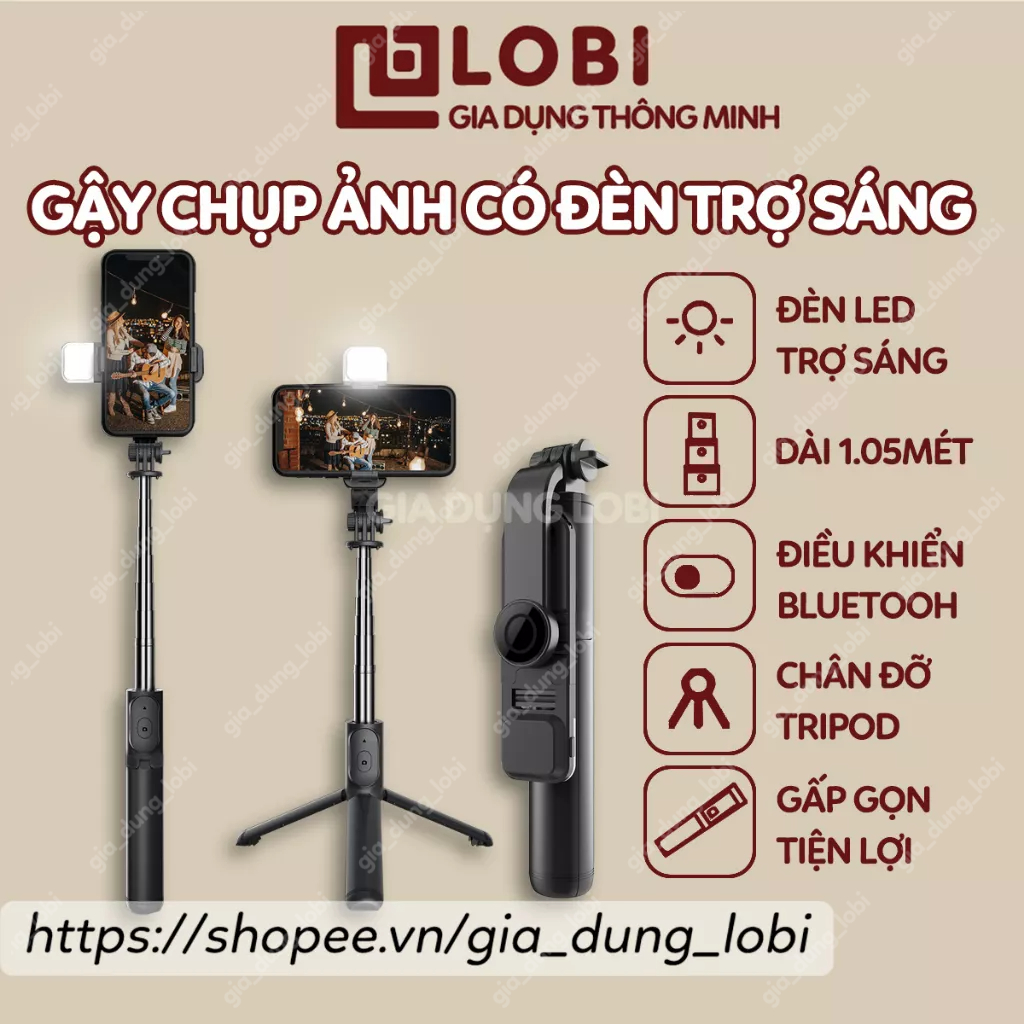 Gậy chụp ảnh 3 chân có đèn LED trợ sáng Q07S dài 1 mét Gậy tự sướng selfie bluetooth gấp gọn cao cấp