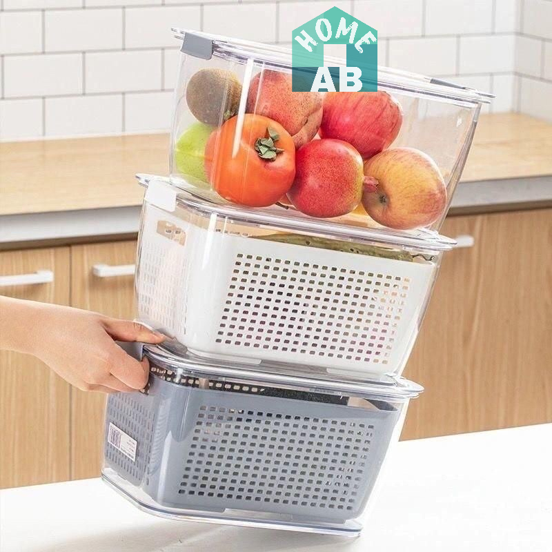 Hộp Đựng Thực Phẩm HOKORI Chữ Nhật Để Tủ Lạnh Có Lỗ Thoát Nước, Hộp Đựng Hoa Quả Để Tủ Lạnh 2 Lớp, Hộp Bảo Quản Thức Ă