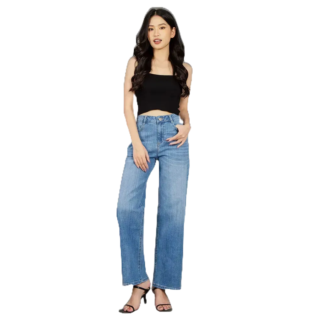 Quần Jeans Nữ Genviet Jeans Ống Rông Cạp Cao Chất Bò Mềm Cao Cấp TQ124J2306