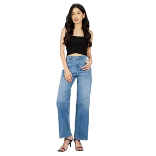 Quần jeans nữ genviet jeans ống rông cạp cao chất bò mềm cao cấp tq124j2306