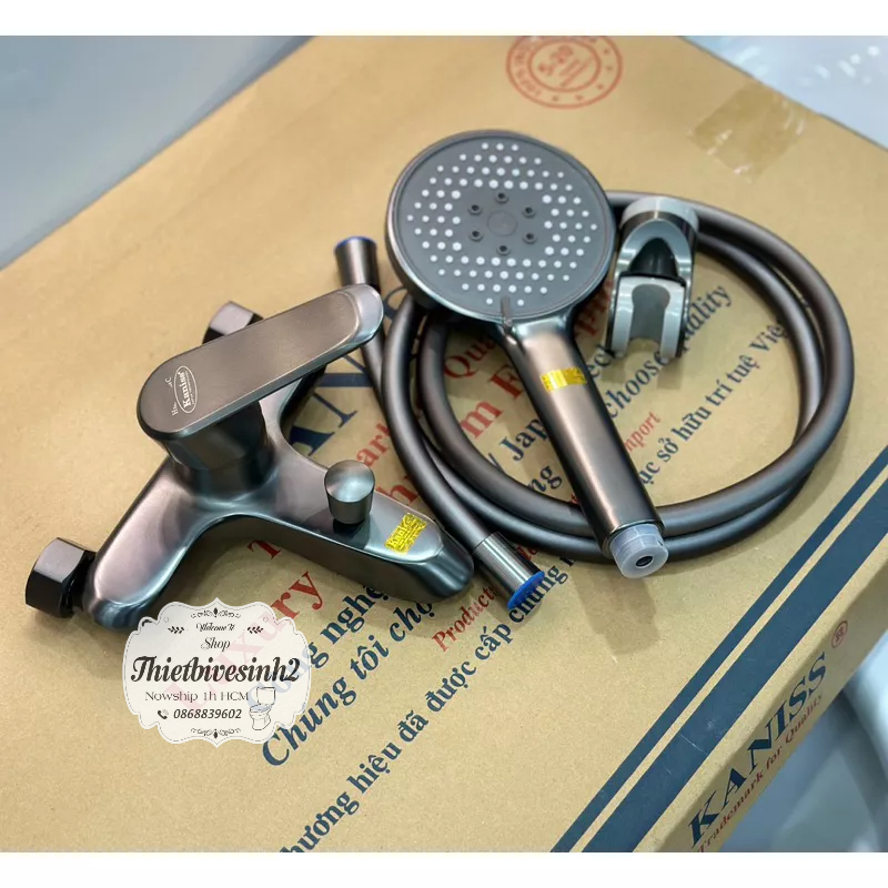 Củ Sen Tắm- Vòi sen tắm nóng lạnh KANISS INOX 304 mạ xám tay sen và dây sen đủ bộ