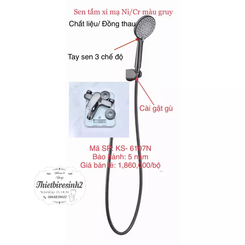 Củ Sen Tắm- Vòi sen tắm nóng lạnh KANISS INOX 304 mạ xám tay sen và dây sen đủ bộ