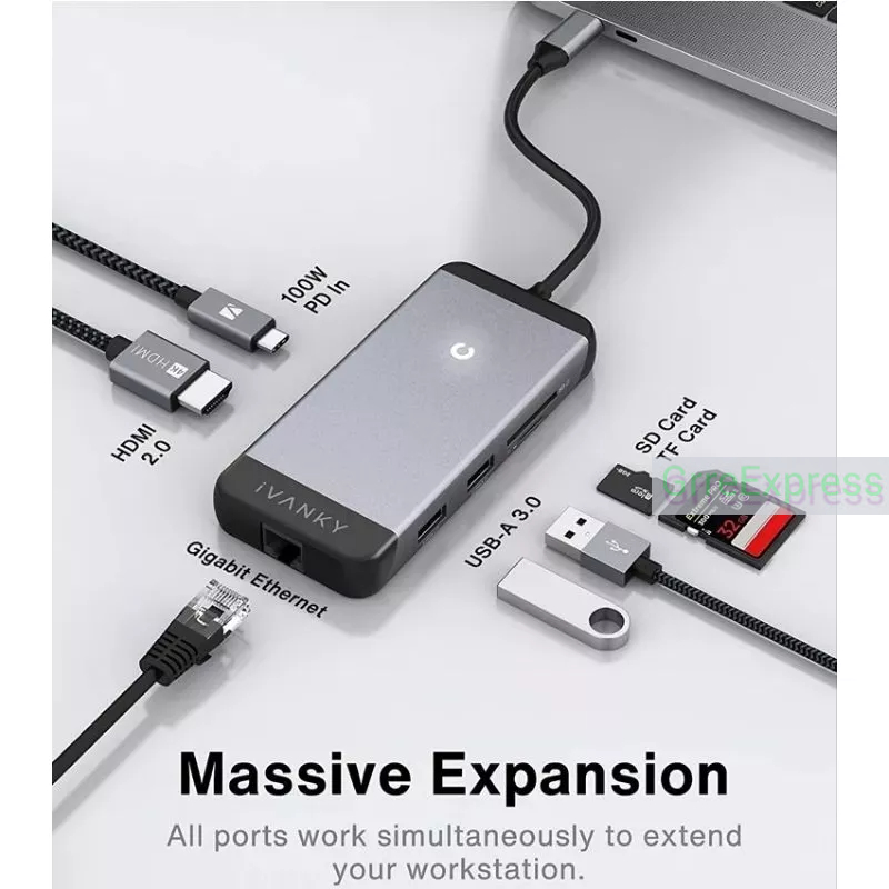 【 Chính hãng 】iVanky Hub USB-C với GB Ethernet 4k HDMI Bộ chuyển đổi đa cổng USB C 7 trong 1 cho MacBook