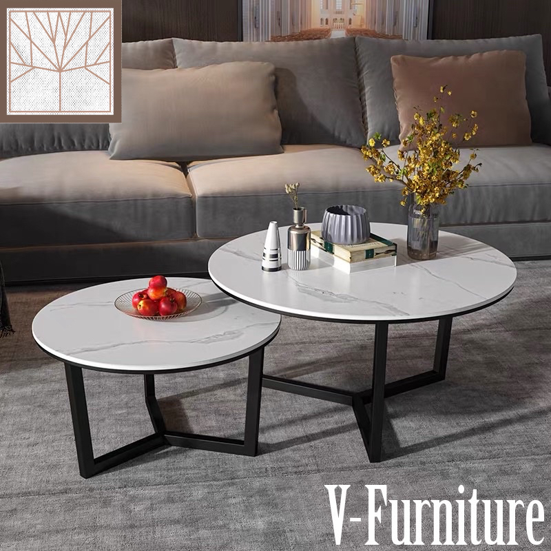 Bàn trà đôi Sofa phòng khách mặt đá tròn chân kim loại kiểu kiềng dạng ống chữ nhật sang trọng, hiện đại