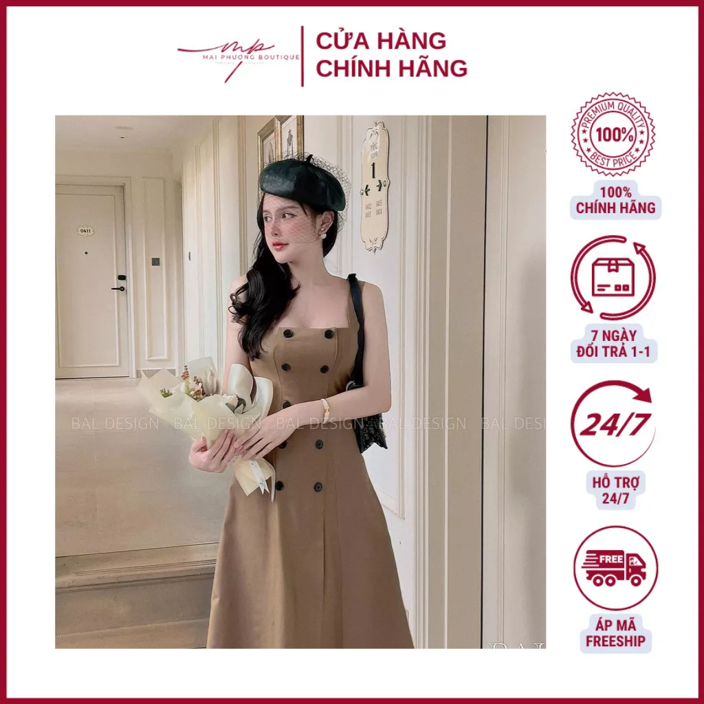 Váy hai dây bản to hàng khuy, đầm 2 dây dáng dài thời trang hai màu fullsize