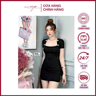 Váy body cổ vuông có khuy, váy body ôm trọn siêu hách dáng