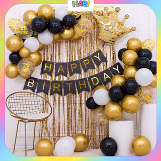 Set bong bóng bay trang trí sinh nhật kèm rèm kim tuyến, chữ happy birthday đầy đủ đồ phụ kiện cho thôi nôi của bé CB11