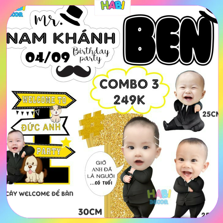 Set chibi, bảng tên, cây welcome, tên bé để bàn trang trí sinh nhật, thôi nôi, đầy tháng cho bé trai BT01