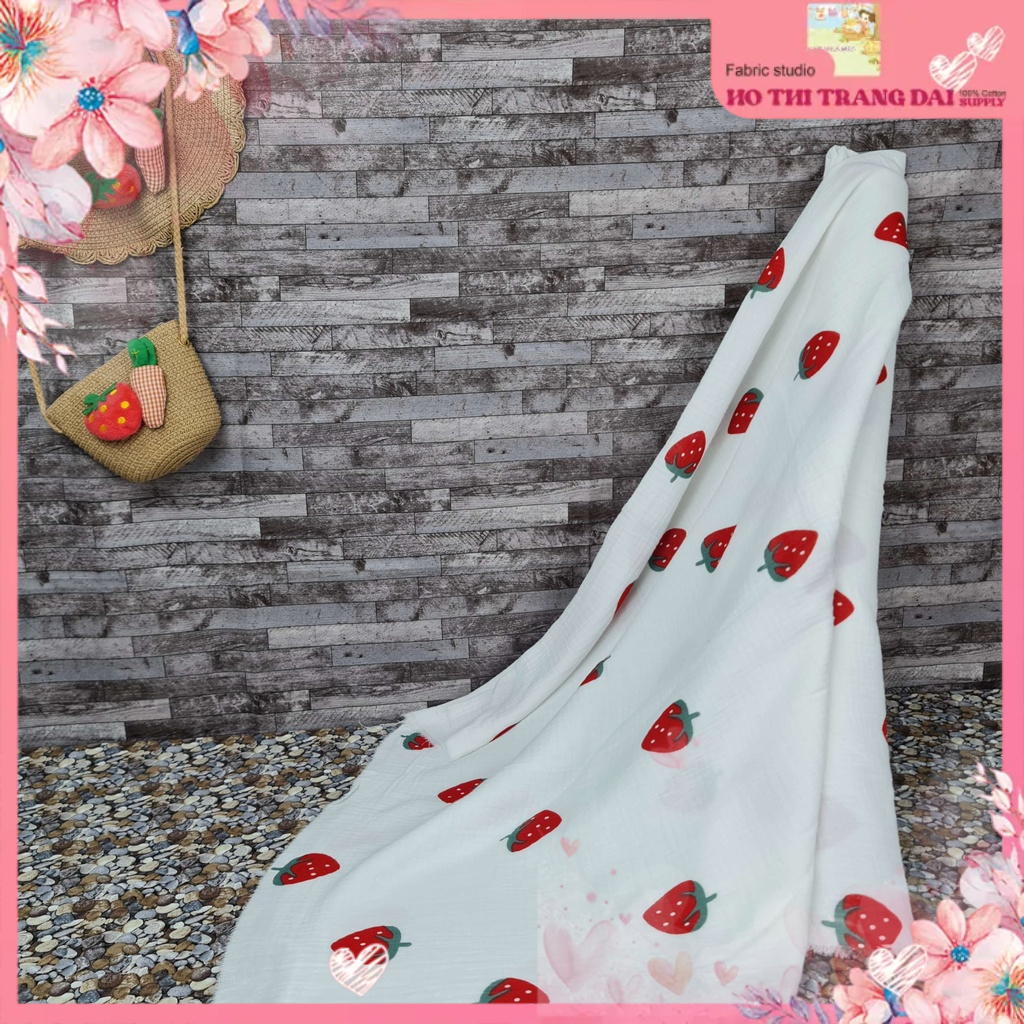 Vải xô muslin 2 lớp cao cấp hình trái dâu mềm mại làm khăn sữa, khăn tắm, áo choàng, yếm, quần áo, chăn gối