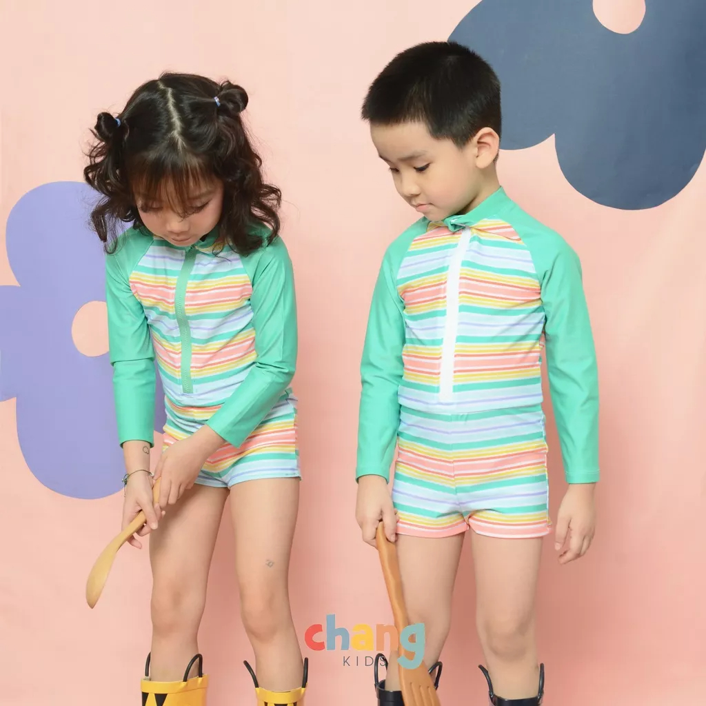 Bộ bơi liền kéo khóa dài tay đùi ngắn Color Stripes cho bé
