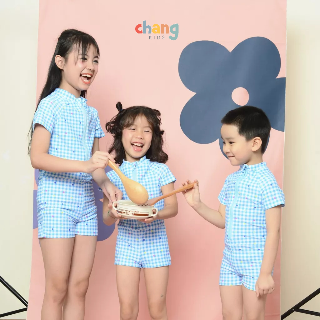 Bộ bơi liền kéo khóa ngắn tay đùi ngắn Blue Gingham Polka cho bé