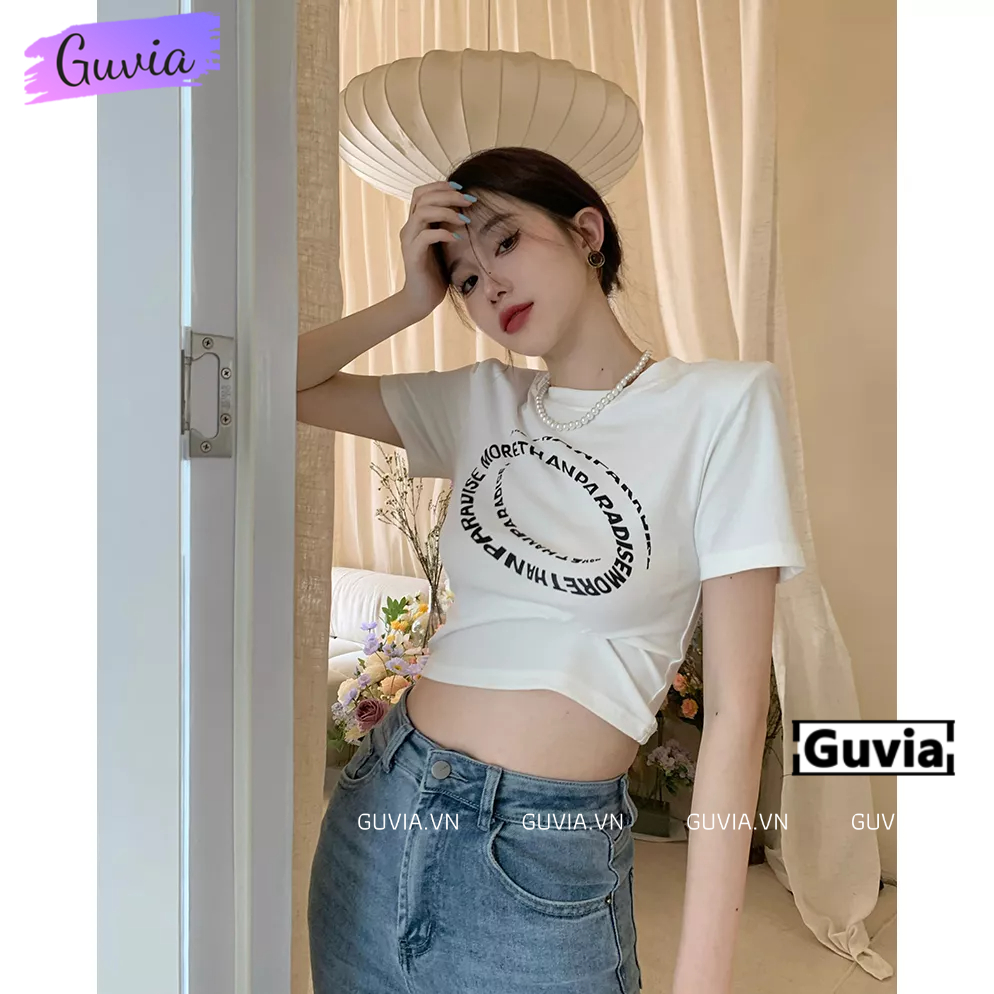 Áo Croptop CHỮ TRÒN Cổ Tròn Tay Ngắn Ôm Body, Áo Thun Croptop Kiểu In Chất Borip GUVIA CR131