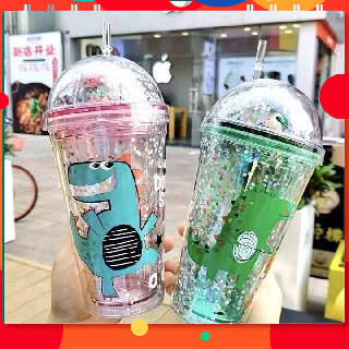 Ly Pha Lê 2 Lớp Cách Nhiệt Hình Khủng Long Siêu Xinh - Bình Đựng Nước, Trà Sữa Nhũ Kim Tuyến