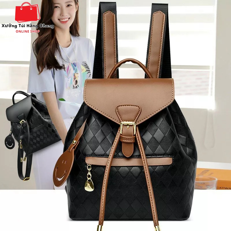 Balo nữ da mini , Ba lô thời trang nữ phong cách Retro vân hình thoi hai màu đen nâu